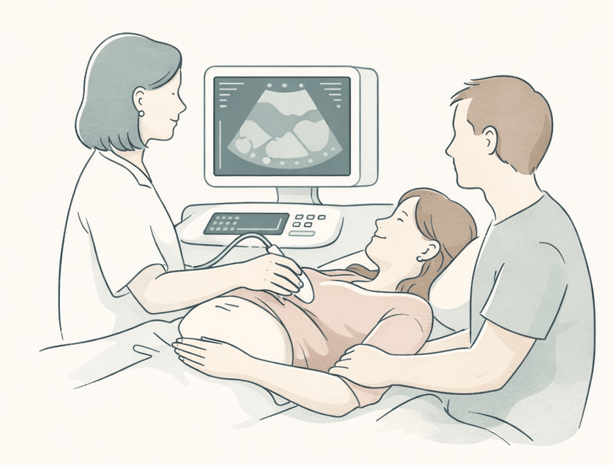 Frau und Mann bei einer Ultraschalluntersuchung bei einer Frauenärztin