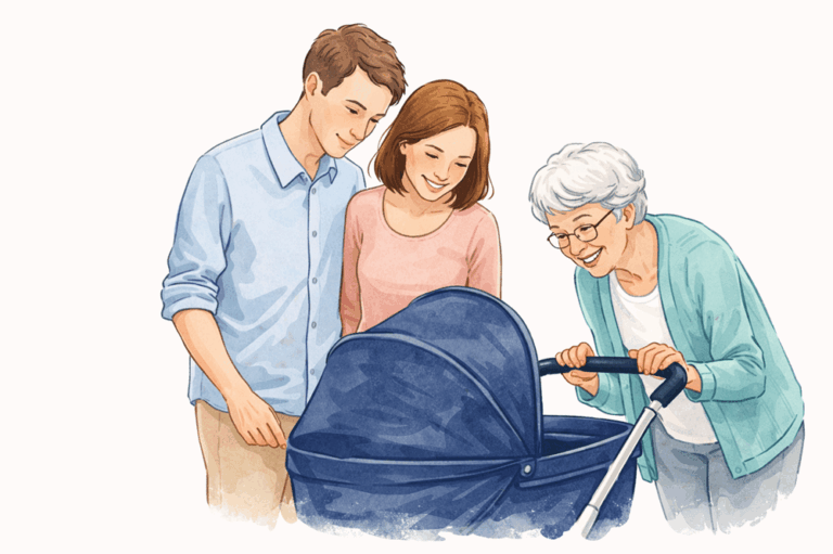 Eltern mit Kinderwagen in den eine ältere Dame blickt